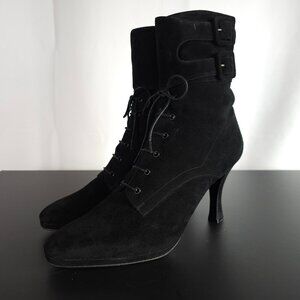 Anne Klein: Suede Leather Lace up Heel Buckle Boots 9.5 Made in Italy